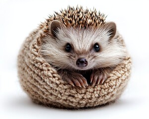 Obraz premium Adorable hedgehog nestled in a cozy knitted basket, showcasing its spiky fur