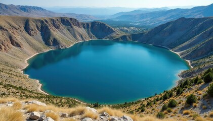 Irregular shaped lake with meandering shoreline amidst rocky terrain, drone, rock, birdseye