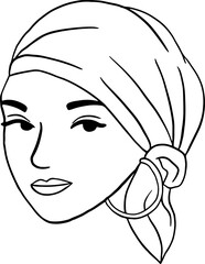 Lined Woman Head wearing Turban Hijab Style Illustration