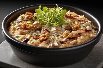Fototapeta premium Delicious mushroom risotto garnished with walnuts, fresh microgreens, and a drizzle of balsamic glaze, served in a sleek black bowl, ready to enjoy.