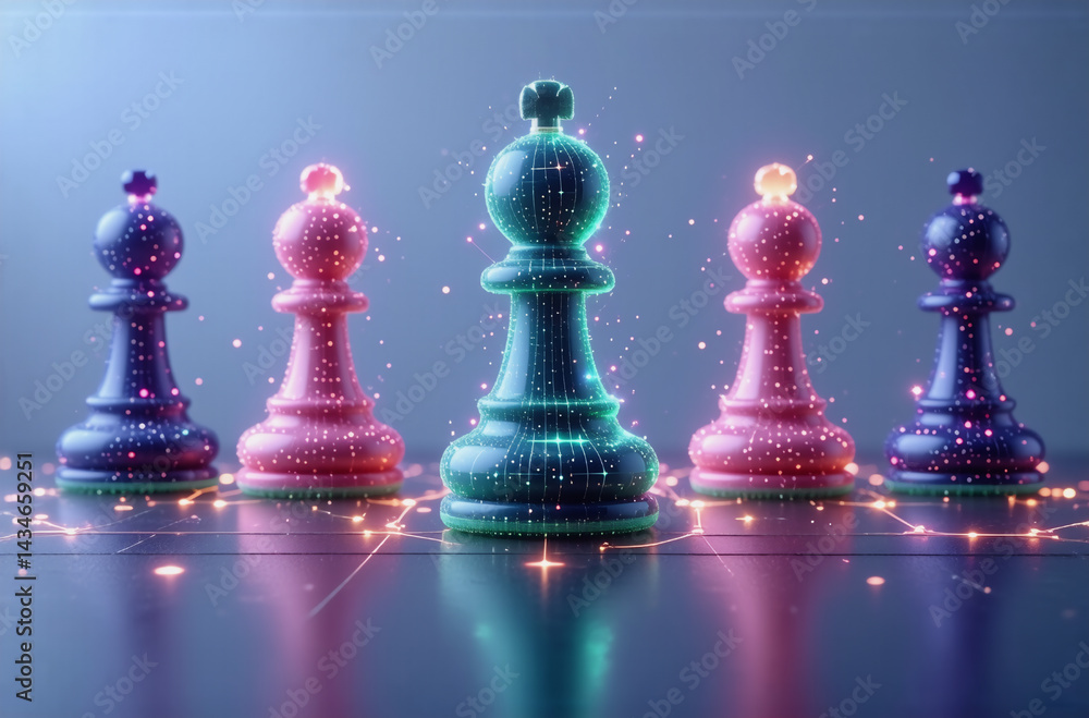 Poster five colorful, glowing chess pawns arranged in a row on a reflective dark surface with a blue gradie