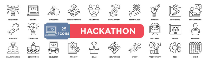 hackathon icon collection set. Containing innovation,Coding,Challenge,Collaboration,Teamwork,Development,Technology,Startup,Prototype icon. Simple line vector.