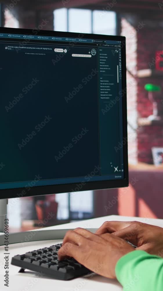 Poster vertical video computer screen displays digital visuals generated through ai. young person uses soft