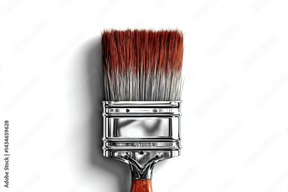 Poster a close-up studio shot of a new paint brush with orange-tipped bristles and a reflective chrome hand