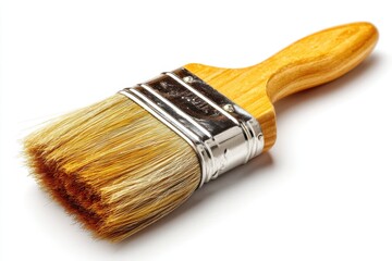 A close-up studio shot of a paint brush featuring a wooden handle and metal fittings, with focus on the bristles, showcasing craftsmanship and texture details.
