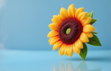 A vibrant, handcrafted sunflower with dark brown center and yellow petals rests on a light blue reflective surface.  Its leaves are a rich green, suggesting summer and joy.
