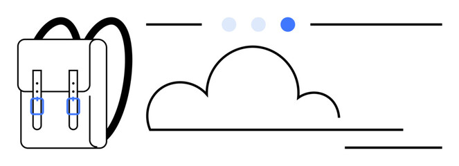 Backpack beside stylized cloud with navigation dots and line elements. Ideal for education, travel, storage, technology, organization, digital innovation, and simple landing page