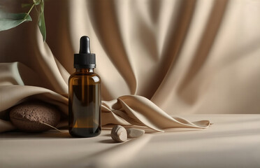 Naklejka premium Amber glass dropper bottle rests on a beige silk fabric backdrop, accompanied by natural elements. Suggests skincare or essential oil product.
