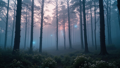 Fototapeta premium Magical, ethereal forest scene bathed in a soft, pale light, highlighting the mist and glowing points within the trees.