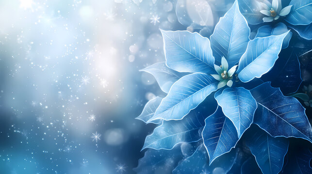 Blue poinsettia flowers bloom amidst falling snowflakes and soft, misty light. perfect for winter holiday cards, festive designs, or elegant background. Frost Bloom. Illustration