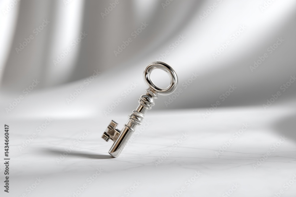 Poster a shiny silver key resting on a white marble surface with soft background light, symbolizing access,