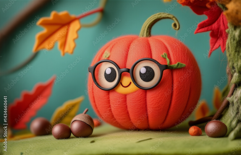 Poster here is a description and keywords for the image: a cheerful pumpkin with glasses enjoys a fall day 