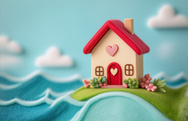 A charming miniature dwelling sits on a grassy isle, framed by ocean waves and whimsical clouds.  The red-roofed home features heart-shaped decor, symbolizing love and warmth. A soft, blue backdrop ad