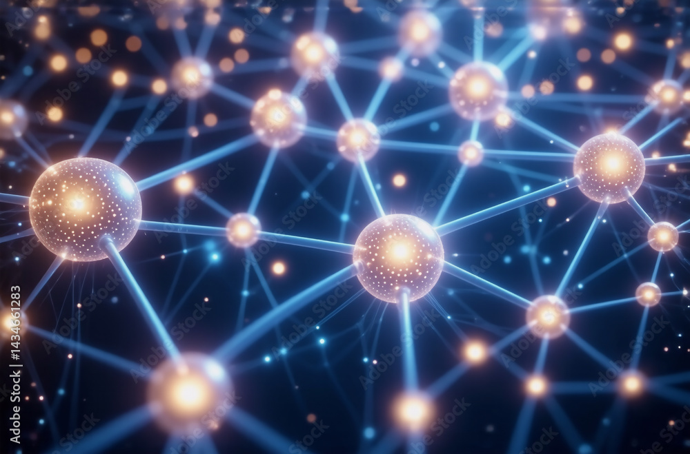Poster illuminated spheres linked by lines create a complex network against a dark backdrop. glowing nodes 