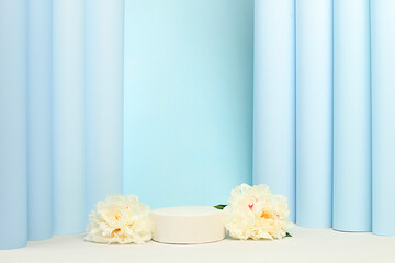 Stage for product display and business concept for shopping promotion. Empty premium podium and beautiful flower arrangement with peonies, elegant beauty concept, minimal modern aesthetic