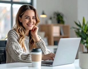 Mujer Joven y Sonriente Trabajando en su Computadora con una Taza de Café, Disfrutando de un Momento Productivo y Agradable en su Espacio de Trabajo