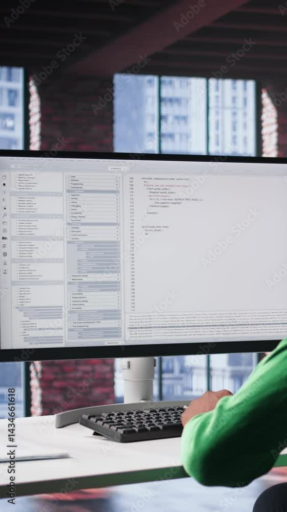 Fototapete Vertical Video Black IT expert looking at user interface on computer at home office, typing and programming code on terminal window. Coding application used by technician writing script in loft