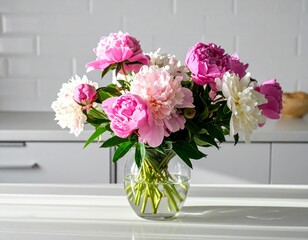 A vibrant bouquet of peonies in assorted colors, bathed in morning sun, graces a modern kitchen table, perfectly set for a warm and elegant Mother’s Day celebration.