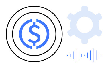 Dollar sign within concentric circles, gear, and soundwave. Ideal for fintech, banking, process optimization, technology, digital transformation cryptocurrency automation. Flat simple metaphor