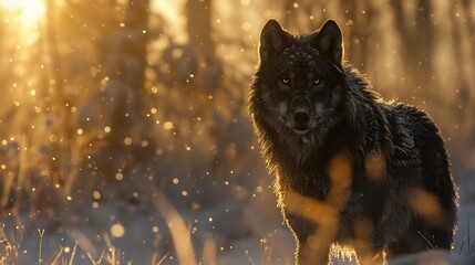 Powerful black wolf standing in a snowy clearing piercing amber eyes glowing under the pale winter sunlight ultra detailed wildlife shot
