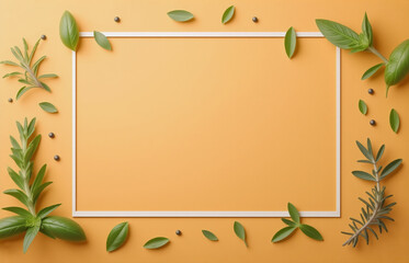 Obraz premium A white rectangular frame is centered on an orange backdrop, adorned with scattered green leaves and dark peppercorns, suggesting a natural, organic, or culinary theme.