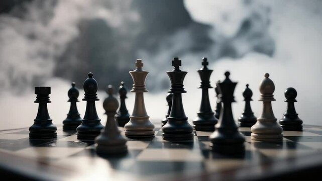 Chess pieces strategic arrangement misty background