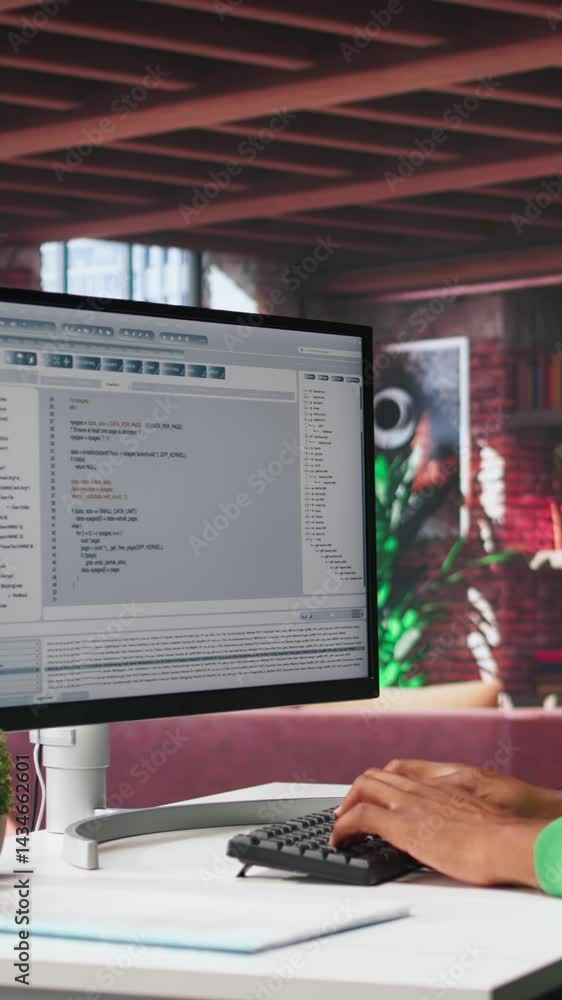 Fototapete Vertical Video Tech savvy black engineer developing secure online program at home. Surrounded by binary data, freelancer works on interface design, script optimizations and network systems. Camera B.