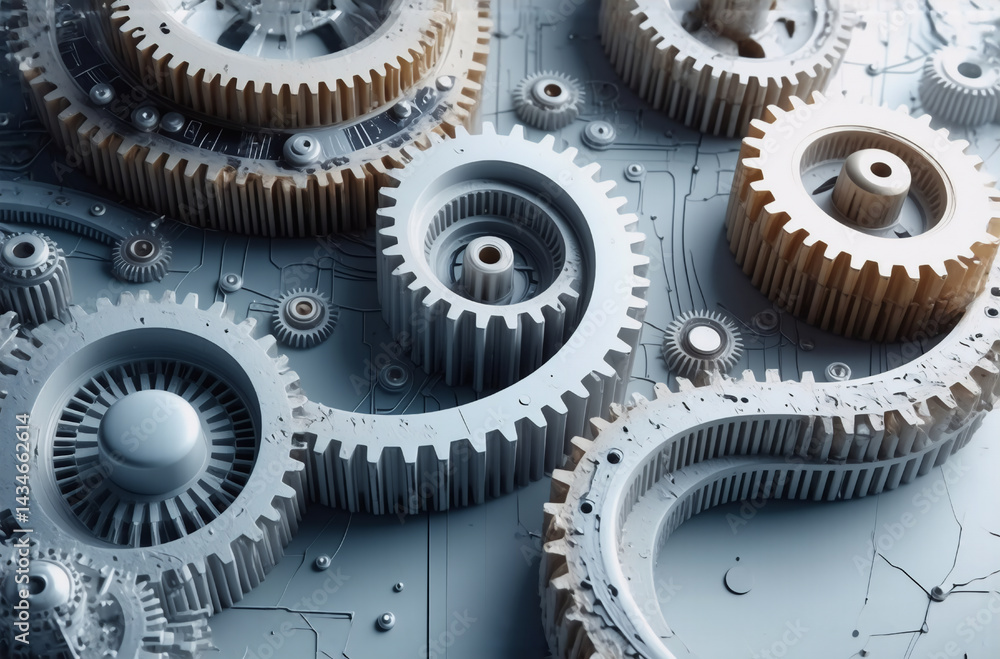 Poster intricate gears interlock on a pale circuit board backdrop, creating a mechanical and technological 