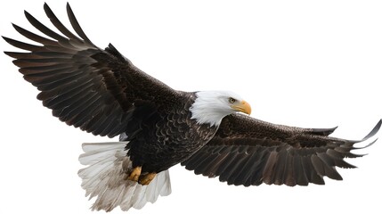 Obraz premium Bald Eagle Soaring High: Witness the majesty of a bald eagle in full flight, its powerful wings spread wide against the backdrop of the clear blue sky, embodying freedom and strength.