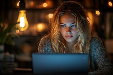 A young woman looks intently at her laptop screen