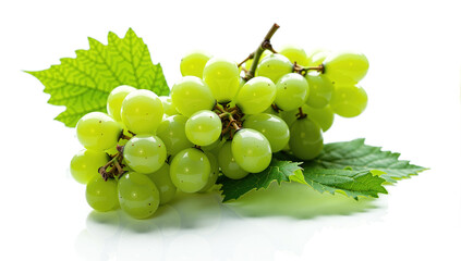 Obraz premium Bunch of Green Grape with leaves isolated on white background, Sweet Green Grape on a branch on white