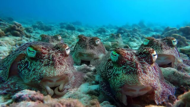 Group of Pharoah cuttlefish congregating on the ocean floor with coral formations in clear, vibrant water, close-up underwater photography
