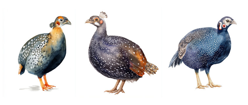 Spotted guinea fowl, watercolor clipart illustration with isolated background.