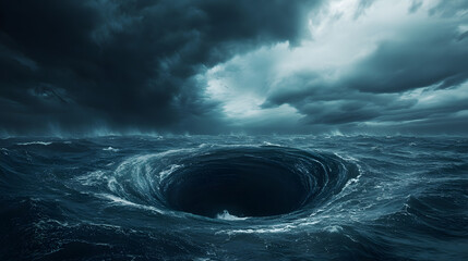 Mysterious Vortex at Sea: An awe-inspiring depiction of a dark, swirling vortex amidst a turbulent ocean under a stormy sky, evokes a sense of wonder and impending mystery.