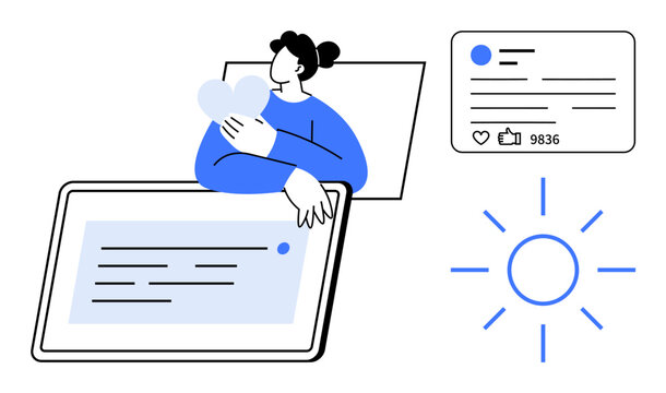 Person hugging a heart, large tablet with text, social media post with thumbs ups, radiant sun. Ideal for social connection, technology, communication, user interaction, positivity self-expression