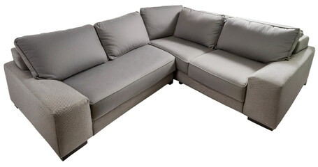 cozy corner long sofa in grey color isolated on white background