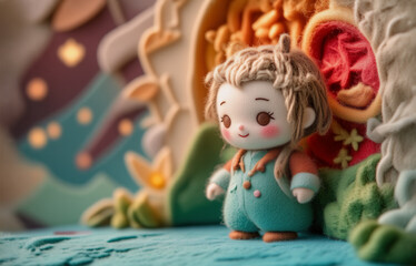 Fototapeta premium A charming clay figurine, possibly a child, stands before a whimsical, sculpted house. The scene is soft, pastel-colored, and evokes a fairytale setting.