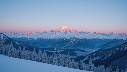 Obraz premium Breathtaking winter vista of a snow-capped mountain range at dawn, with frosted evergreens sloping gently down into a valley below.