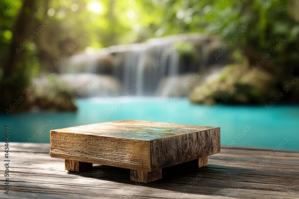 Poster wooden display table with waterfall view product showcase background nature