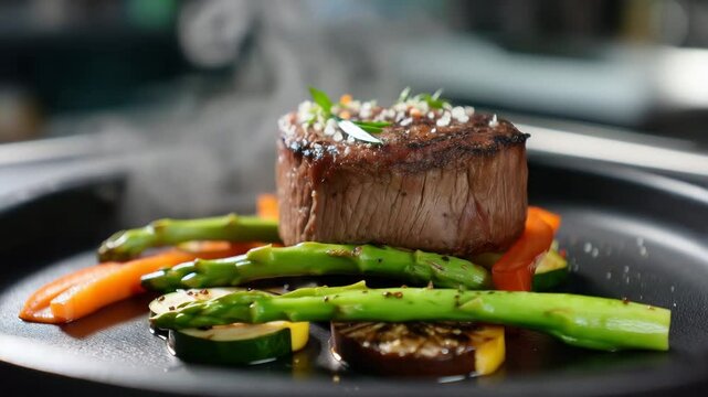 Rotating camera over steaming filet mignon with vegetables and garnish
