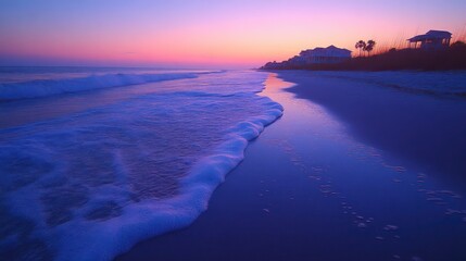 Fototapeta premium Sunset Serenity Waves Rolling onto a Tranquil Beach with Vibrant Colors and Coastal Homes in t