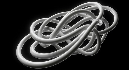 Entangled topology of glossy, intertwining white tubes rendered on pure black