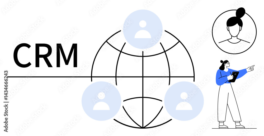 Poster crm with globe and user icons symbolizing networking, alongside professional with tablet. ideal for 