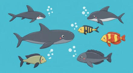 Cute Cartoon Ocean Animals Swimming