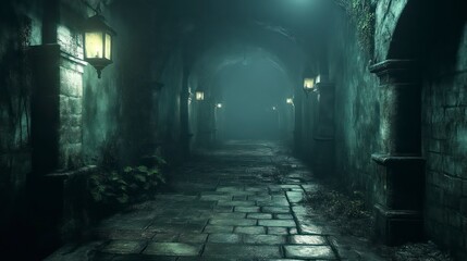 Enchanted Cobblestone Pathway Illuminated by Vintage Lanterns in a Mysterious Atmosphere