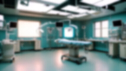 Fototapeta premium Blurry operating room, with blurred surgical instruments in the background, bright light, surgeon's room in hospital