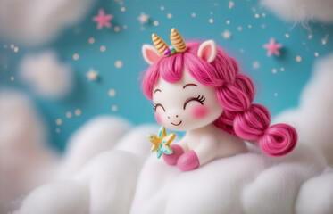 Fototapeta premium Adorable pink-haired unicorn figurine, sitting on fluffy clouds, holding a star. Whimsical, magical, sweet, and delightful.