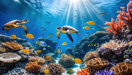 Naklejka premium Sea Turtles Swimming Among Colorful Coral Reefs Underwater