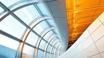 Obraz premium Modern Architectural Scene Showing Steel Roof Design Glass Transparency Curved Walls and Bright Indoor Lighting