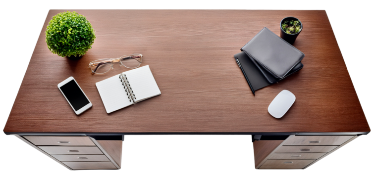 top view of wooden office desk or table with drawers isolated on white background
